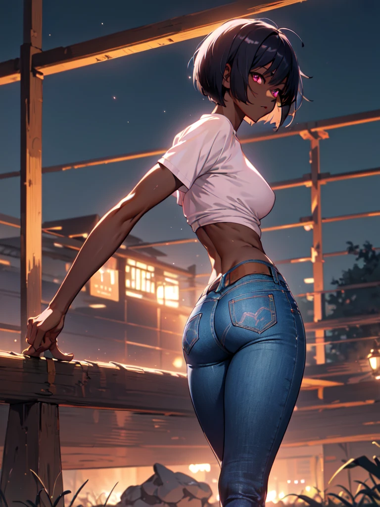 masterpiece, best quality, solo focus,extremely detailed 8k CG unity wallpaper,, 1girl with short bob cut hair, glowing eyes, Jeans, ((dark skin:1.5, tomboy)), toned, ass, contrapposto, nighttime,  pink eyes, outdoors, landscape