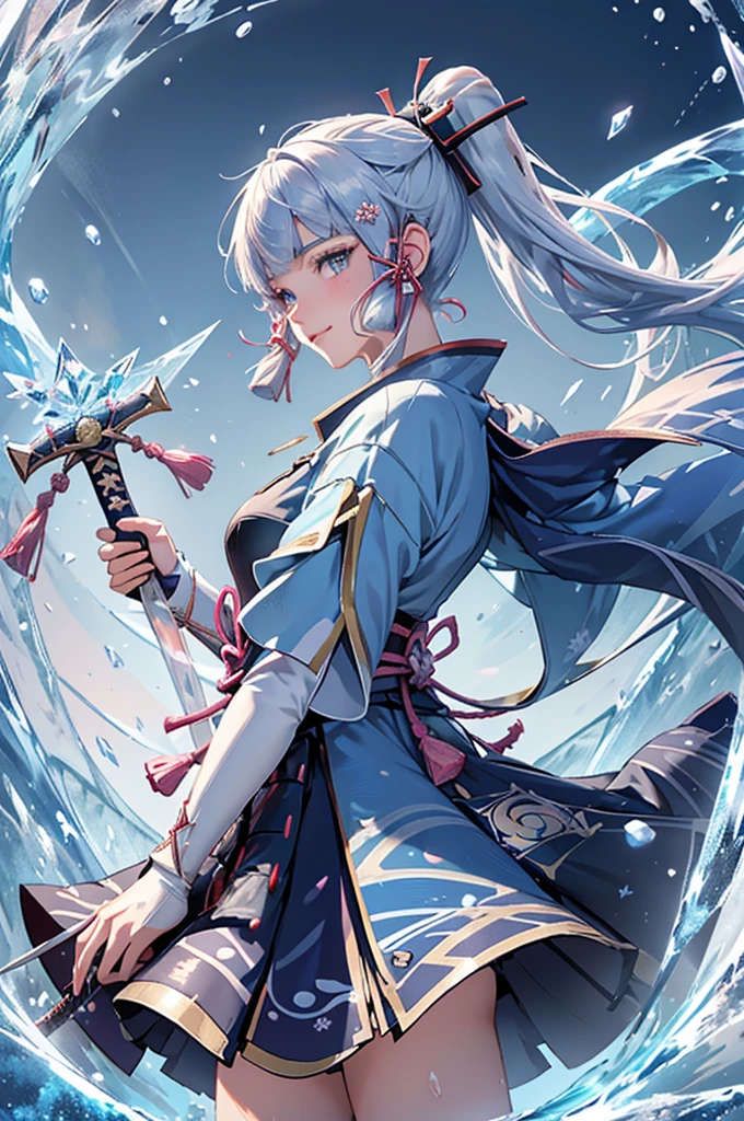 ((kamisatoayakadef)),1 Anime Girl, Warrior, Realistic people,Realistic, beautiful, smile, elegant, Majestic, Splash Art, Particles of light, Diamond Blade, (Cold Energy, Cold Blast, cold water: 1.4) Dynamic pose, ((Japanese Sword,Grab your sword))((Holding a sword)),milky way, (Fractal Art:1.1), (colorful:1.1),(iceの花:1.4), (Spiral Splash), Most detailed,(Tangled:1.1),(抽象的なbackground:1.1), (Shiny skin), (Many colors:1.4), Ultra-high resolution, retina, masterpiece, Accurate, Anatomically correct, texture.(background:ice-flurry, snow,ice-shard, ice, crystallization)
