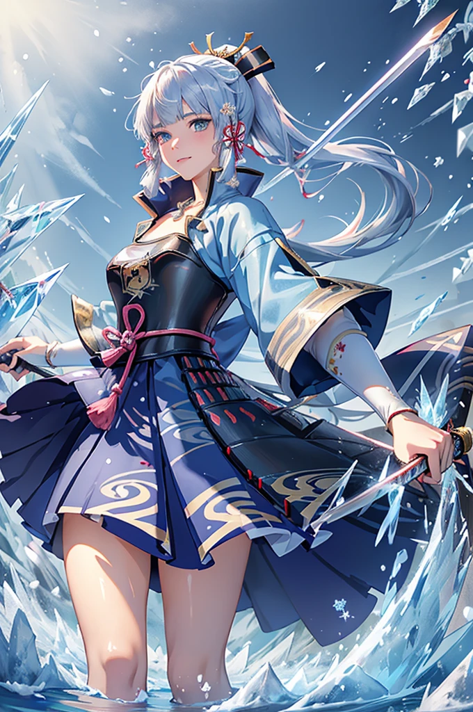 ((kamisatoayakadef)),1 Anime Girl, Warrior, Realistic people,Realistic, beautiful, smile, elegant, Majestic, Splash Art, Particles of light, Diamond Blade, (Cold Energy, Cold Blast, cold water: 1.4) Dynamic pose, ((Japanese Sword,Grab your sword))((Holding a sword)),milky way, (Fractal Art:1.1), (colorful:1.1),(iceの花:1.4), (Spiral Splash), Most detailed,(Tangled:1.1),(抽象的なbackground:1.1), (Shiny skin), (Many colors:1.4), Ultra-high resolution, retina, masterpiece, Accurate, Anatomically correct, texture.(background:ice-flurry, snow,ice-shard, ice, crystallization)
