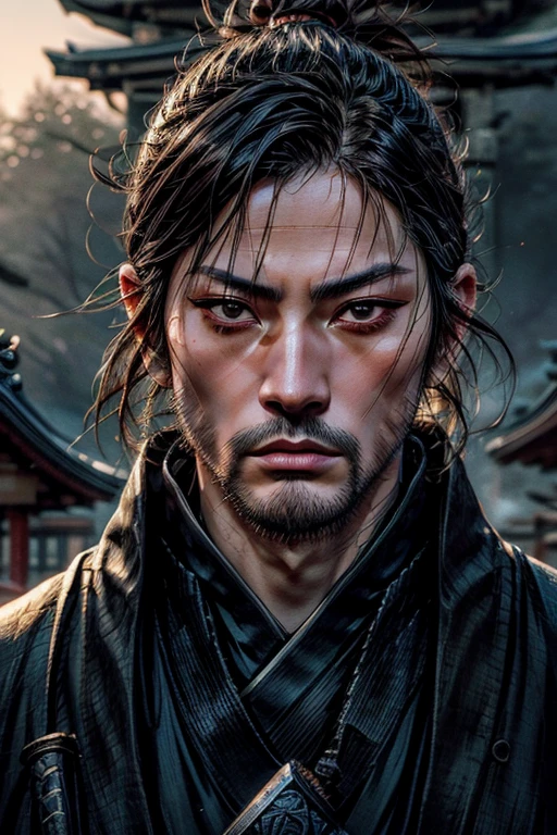 Samurai with an eye patch:2.0、Highly detailed face、Beautiful and detailed eyes、Beautiful and detailed lips、Extremely detailed eyes and face、Long eyelashes、knife、Japanese temple background、Dramatic lighting、Dark and muted colors、Cinematic composition、Digital Art、Hyperrealistic、Photorealistic、8k、Highest quality、masterpiece、bulgeJ8、musashi miyamoto