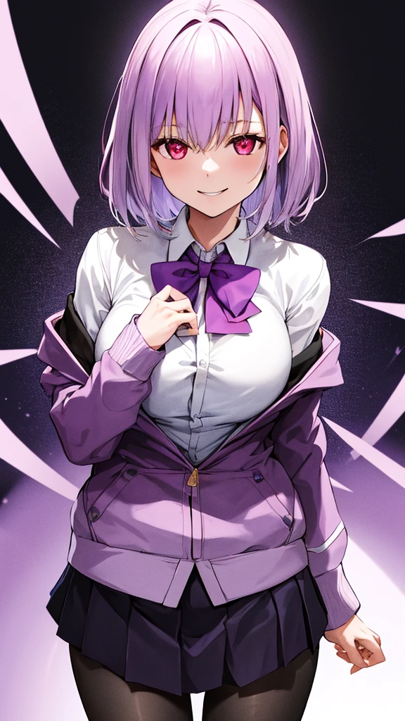 masterpiece, highest quality, High resolution, shinjou akane, One girl, alone, pantyhose, shirt, bow, skirt, purple Jacket, Jacket, white shirt, Long sleeve, short hair, black skirt, collared shirt, black pantyhose, Open clothes, bowtie, purple bow, chest, bangs, Red eyes, pleated skirt, Off the shoulder, open Jacket, Sleeves are longer than the wrist, Light purple hair, purple bowtie, miniskirt,  Cowboy Shot,too evil smile,smile worst,looking down at viewer,laugh worst,evil laugh,deep shaded face,laugh face,big monster ,dark purple backgrounds,two hands,five fingers,two legs,