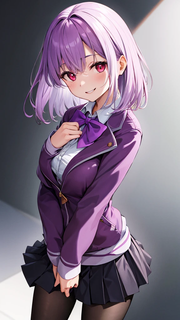 masterpiece, highest quality, High resolution, shinjou akane, One girl, alone, pantyhose, shirt, bow, skirt, purple Jacket, Jacket, white shirt, Long sleeve, short hair, black skirt, collared shirt, black pantyhose, Open clothes, bowtie, purple bow, chest, bangs, Red eyes, pleated skirt, Off the shoulder, open Jacket, Sleeves are longer than the wrist, Light purple hair, purple bowtie, miniskirt,  Cowboy Shot,too evil smile,smile worst,looking down at viewer,laugh worst,evil laugh,deep shaded face,laugh face,big monster ,dark purple backgrounds,two hands,five fingers,two legs,