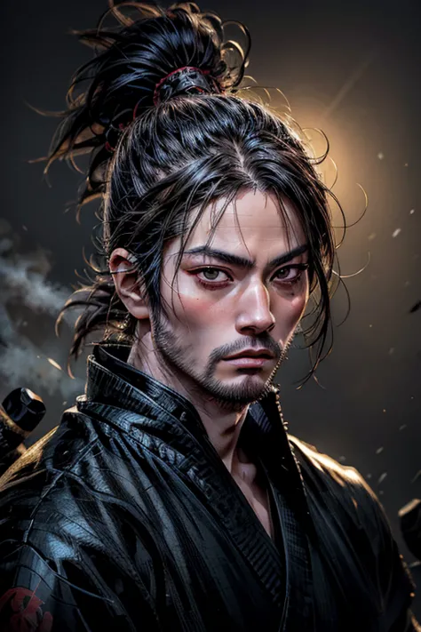 samurai with an eye patch:2.0、highly detailed face、beautiful and detailed eyes、beautiful and detailed lips、extremely detailed ey...