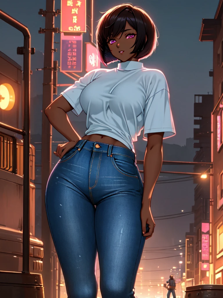 masterpiece, best quality, solo focus, extremely detailed 8k CG unity wallpaper, 1girl with short bob cut hair, glowing eyes, tight jeans, (dark skin:1.5, tomboy), toned, big ass, contrapposto, nighttime, pink eyes, outdoors, landscape