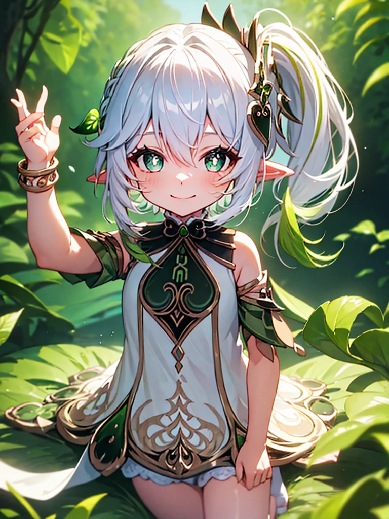 masterpiece, best quality, nahida_genshin, solo, long_hair, green_eyes, bangs, pointy_ears, hair_ornament, white_hair, symbol-shaped_pupils, multicolored_hair, side_ponytail, gradient_hair, green_hair, hair_between_eyes, cross-shaped_pupils, smile, jewelry, leaf_hair_ornament, bracelet, 8yo, ((petite)),
 smile, standing, forest,