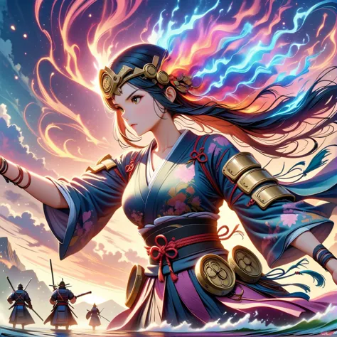 ((Japan Samurai for women)，Campo de batalha，dynamic poses，Espada Longa，armaduras，fiery sky，fundo da montanha，detalhes malucos，De...