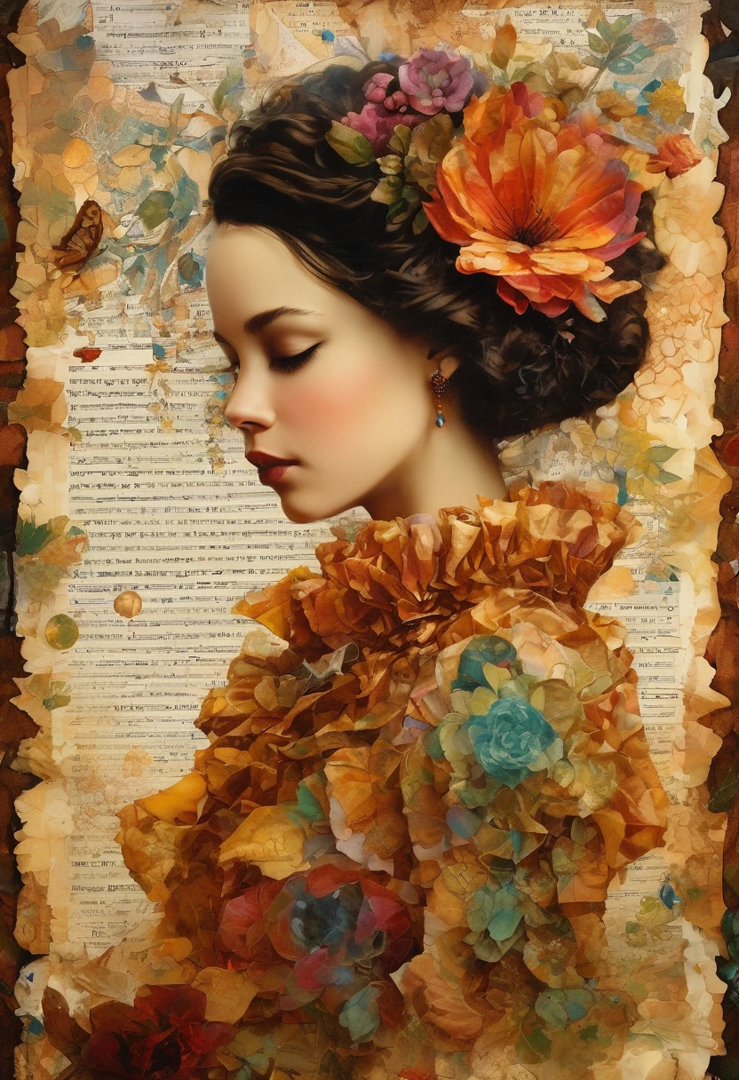 Super detailed alcohol ink painting of gorgeous girl, Made on top of a mixed-media masterpiece patchwork of stress-free vintage script paper, Ephemera, Torn cardboard, Vintage newspaper, Vintage sheet music, Wax Seal, Dress made of paper ruffles and life-size dainty lace, in the style of [Junk Journal, double exposure, Equal to the size of the body, Greg Simkins, Mark Davis, Oliver Jeffers, Andy Kehoe], Cinematic, Stunning, Highly detailed, 8K, dehazed