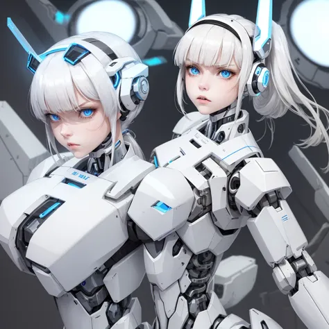 a girl with a full white cyborg body, featuring sleek and high-tech components. she has beautiful blonde ponytail and bangs, blu...