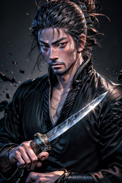 (片目にknifeの鍔のアイパッチを着けた侍:2.0)、Highly detailed face、Beautiful and detailed eyes、Beautiful and detailed lips、Extremely detailed eyes and face、Long eyelashes、No sperm beard、knife、Japanese temple background、Dramatic lighting、Dark and muted colors、Cinematic composition、Digital Art、Hyperrealistic、Photorealistic、8k、Highest quality、masterpiece、bulgeJ8、musashi miyamoto