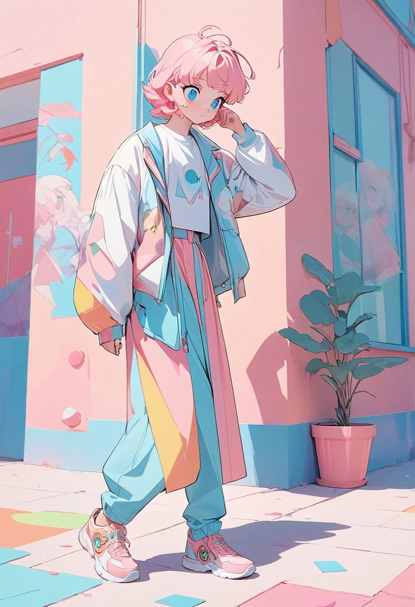 male, Dynamic poses in expensive and fashionable clothes, Designed by Gucci::3, tumbler, Inspired by Yanjun Chen style, Digital Art, Internet Boy Lofi Meme, Trends in this, Catalogue photo, 3D rendering beeple, Lads and Lois Van Baarle, Manga style illustration, Bright pastel colors, Beautiful art illustrations, Retro Anime Boy --ar 2:3 --q 2