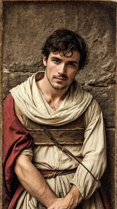 a sexy man, 15th centuries ,wearing old and worn-out peasant clothes, handsome face, mediaeval period,black hair , homoerotic,  ...