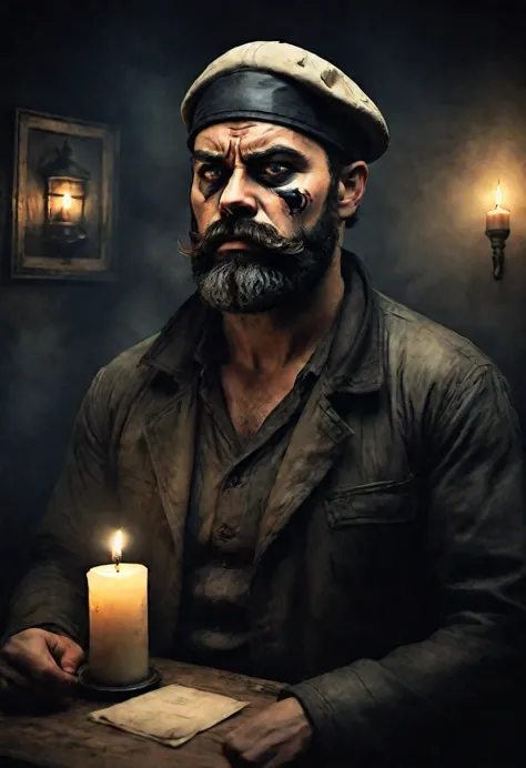 general plane. ((an anxious man black eye patch, one eye only:1.5), rough face with beard, hat, holding a candle, in a dark room...