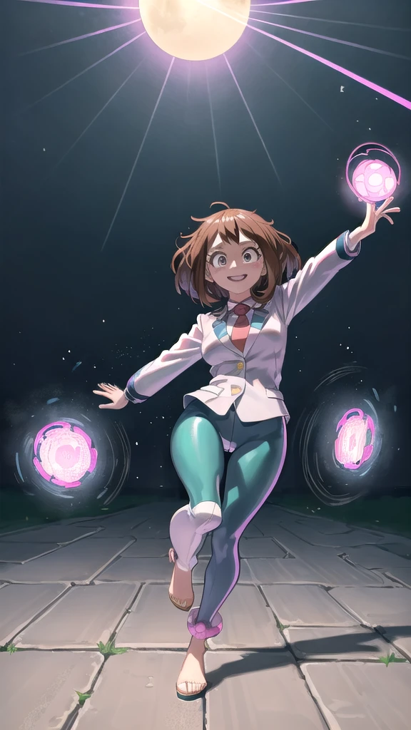 [お茶子 uraraka], [boku no hero academia], ((傑作)), ((高解像度)), ((高品質)), ((ソロポートレート)), ((正面図)), ((全身)), ((アニメ)), ((kohei horikoshi)), ((詳細な陰影)), ((セルシェーディング)), ((複雑な詳細)), ((映画照明)), {お茶子, (バラ色の頬), (かわいい丸い茶色の目), 短い茶色の髪, まつげが短い, 大きい , (ゴージャスなヒップ), (美脚), (興奮した笑顔), 白い歯)}, {(ピンクのブレザー), (ブルースパンデックスヨガパンツ), (ピンクのオープントゥプラットフォームハイヒール), (裸足)}, {(通りを走る), (視聴者を見る)}, [背景; (草), (青空), (太陽の光)]