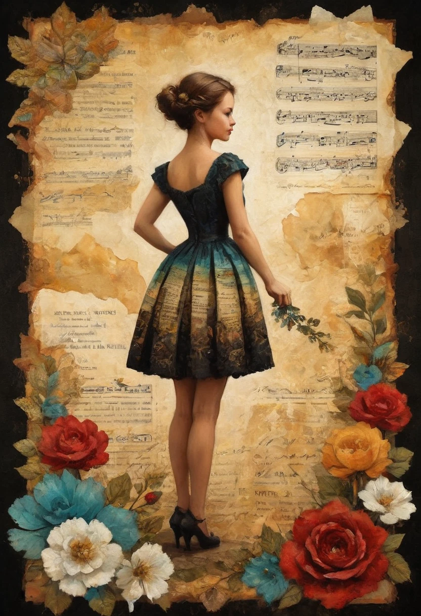 Super detailed alcohol ink painting of gorgeous girl, Made on top of a mixed-media masterpiece patchwork of stress-free vintage script paper, Ephemera, Torn cardboard, Vintage newspaper, Vintage sheet music, Wax Seal, Dress made of paper ruffles and life-size dainty lace, in the style of [Junk Journal, double exposure, Equal to the size of the body, Greg Simkins, Mark Davis, Oliver Jeffers, Andy Kehoe], Cinematic, Stunning, Highly detailed, 8K, dehazed