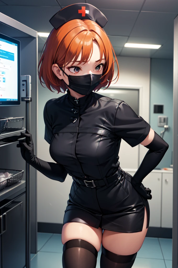 black nurse, 1girl, solo, black nurse cap, black nurse uniform, ((black legwear, zettai ryouiki)), black elbow gloves, very short hair, orange hair, ((black surgical mask, covered nose)), standing, ((surgery room)), sharp outline, short sleeves, tomboy, boyish, best quality, masterpiece