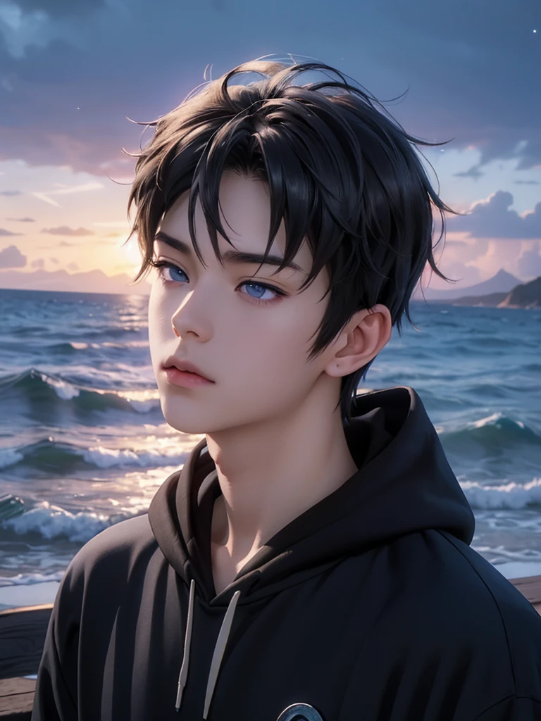 Fotorrealista, obra maestra, 8K, alta definición, Retrato, cerrando la cara, detalles intrincados, iluminación suave, absurdos, estilo anime realista, Yuzuru Hanyu, un chico japonés guapo, alumno, , lindo, amable, mirada melancólica, melancholic, tímido, cara detallada, ojos azules océano, ojos oscuros, ojos equilibrados, ojos detallados, mirando al cielo, buscando, vistiendo sudadera con capucha y camisa, ropa casual, piel blanca, Piel pálida, delgado, pelo negro, Pelo liso, pelo ondulado, Al aire libre, muelle, mar, ondas, rocas, dawn, estrellas, constelación, cósmico, mundo de ensueño, surrealism, etéreo