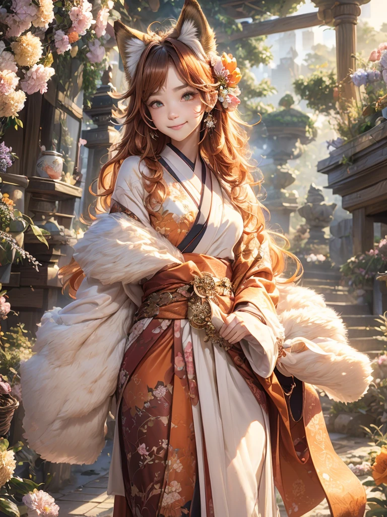 masterpiece, best quality, highly detailed, 1boy, solo, (:3:0.9), animal ear fluff, animal ears, orange hair, fluffy hair, blush, brown eyes, flower, fox ears, fox boy, gradient, gradient background, hair flower, hair ornament, japanese clothes, kimono, looking at viewer, miko, smile, solo, white kimono