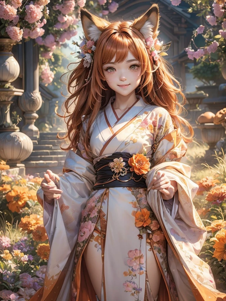 masterpiece, best quality, highly detailed, 1boy, solo, (:3:0.9), animal ear fluff, animal ears, orange hair, fluffy hair, blush, brown eyes, flower, fox ears, fox boy, gradient, gradient background, hair flower, hair ornament, japanese clothes, kimono, looking at viewer, miko, smile, solo, white kimono