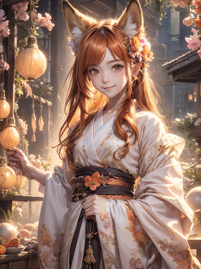 masterpiece, best quality, highly detailed, 1boy, solo, (:3:0.9), animal ear fluff, animal ears, orange hair, fluffy hair, blush, brown eyes, flower, fox ears, fox boy, gradient, gradient background, hair flower, hair ornament, japanese clothes, kimono, looking at viewer, miko, smile, solo, white kimono