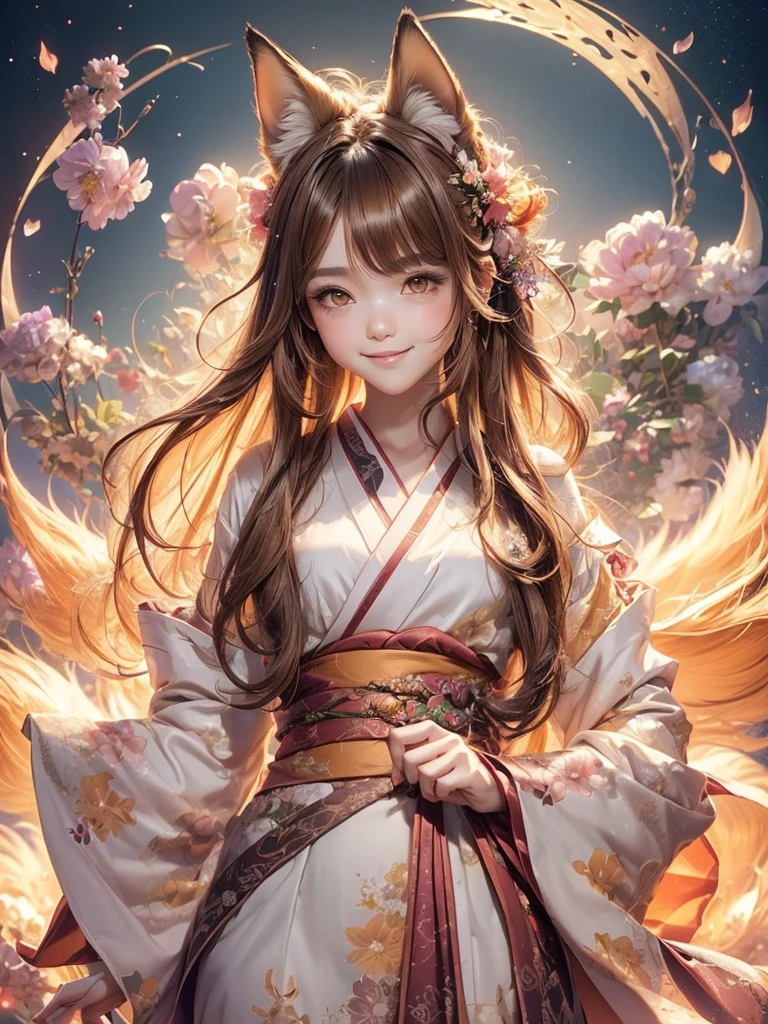 masterpiece, best quality, highly detailed, 1boy, solo, (:3:0.9), animal ear fluff, animal ears, orange hair, fluffy hair, blush, brown eyes, flower, fox ears, fox boy, gradient, gradient background, hair flower, hair ornament, japanese clothes, kimono, looking at viewer, miko, smile, solo, white kimono