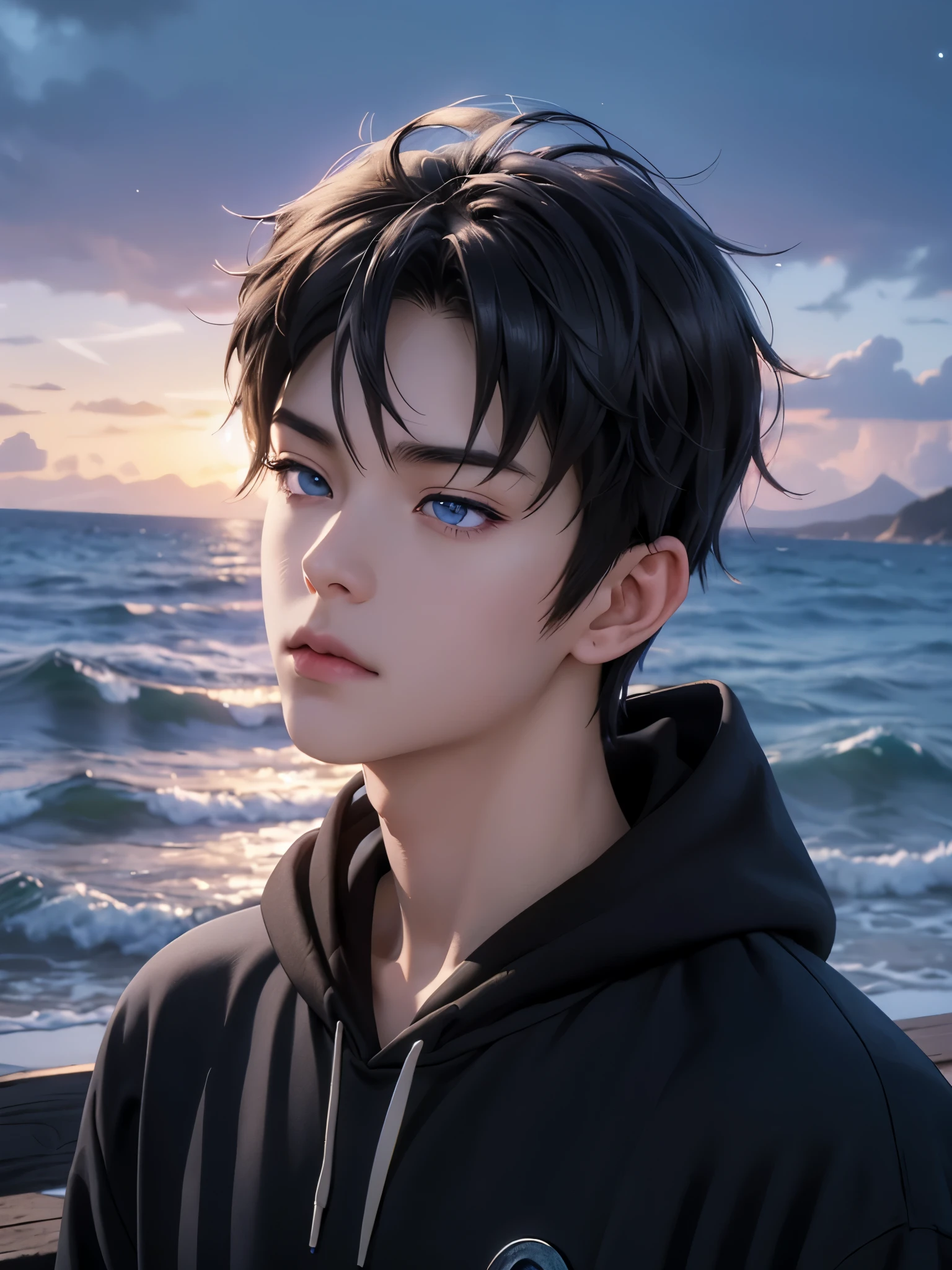 photorealistic, masterpiece, 8K, HD, portrait, closing up on face, intricate details, soft lighting, absurdres, realistic anime style, yuzuru hanyu, a handsome japanese boy, student, 15 years old, cute, gentle, wistful gaze, melancholic, timid, detailed face, ocean blue eyes, dark eyes, balanced eyes, detailed eyes, looking at the sky, looking up, wearing hoodie and shirt, casual wear, fair skin, pale skin, slim, black hair, smooth hair, wavy hair, outdoors, dock, sea, waves, rocks, dawn, stars, constellation, cosmical, dreamy world, surrealism, ethereal