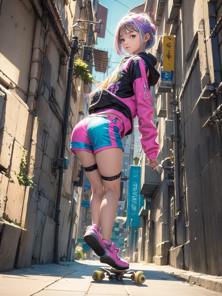 Masterpiece, best quality, (very detailed CG Unity 8k wallpaper) (best quality), (best illustration), best shadow, (a girl playing skateboarding: 1.3), 13 years old, cute, short white hair, cap, sweet cool, shiny details of the eyes, (color flight suit), fashion shorts, (color skateboard: 1.1), pink, yellow, blue, street, rock, (highest quality, amazing details: 1.25), (Solo), brilliant and colorful paintings