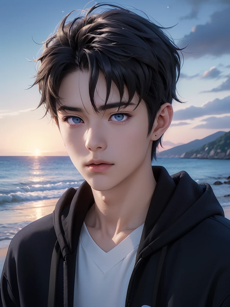 photorealistic, masterpiece, 8K, HD, portrait, closing up on face, intricate details, soft lighting, absurdres, realistic anime style, yuzuru hanyu, a handsome japanese man, student, 20 years old, cute, gentle, wistful gaze, melancholic, timid, detailed face, ocean blue eyes, dark eyes, balanced eyes, detailed eyes, looking at the sky, looking up, wearing hoodie and shirt, casual wear, fair skin, pale skin, slim, black hair, smooth hair, wavy hair, outdoors, dock, sea, waves, rocks, dawn, stars, constellation, cosmical, dreamy world, surrealism, ethereal