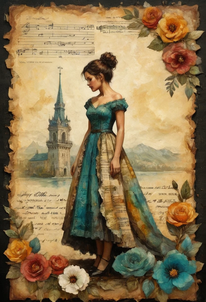 Super detailed alcohol ink painting of gorgeous girl, Made on top of a mixed-media masterpiece patchwork of stress-free vintage script paper, Ephemera, Torn cardboard, Vintage newspaper, Vintage sheet music, Wax Seal, Dress made of paper ruffles and life-size dainty lace, in the style of [Junk Journal, double exposure, Equal to the size of the body, Greg Simkins, Mark Davis, Oliver Jeffers, Andy Kehoe], Cinematic, Stunning, Highly detailed, 8K, dehazed
