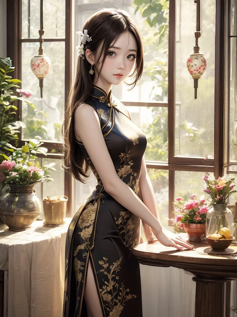 Illustration design, delicate characters, windows, tables, brown hair, big eyes, long cheongsam