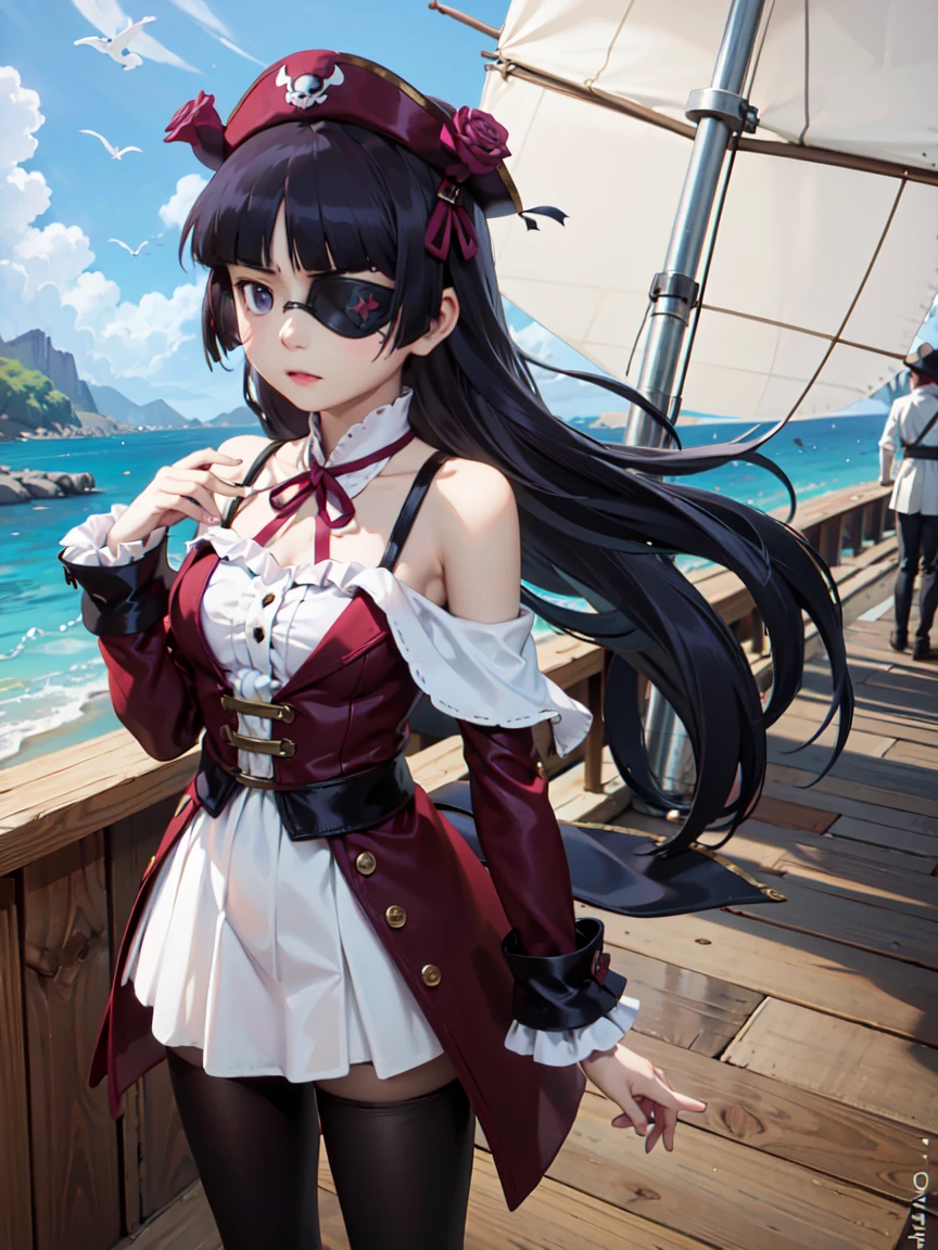 (Eye patch), One Girl, Hime cut, (ruri gokou), Against the backdrop of rough seas、Female pirate captain standing strong on the deck of her ship。彼女はEye patchをつけており、Has a confident look on his face。A scene featuring hair blowing in the wind and a skull pirate flag.。
, pirate, pirate hat, deck, coat, bare shoulder, 