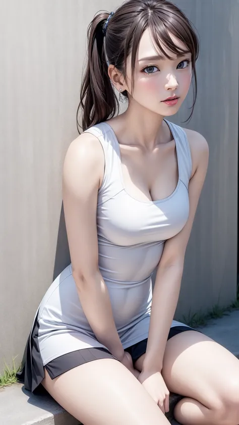 8k quality、high resolution、realistic skin texture、high resolutionの瞳、woman、sleeveless tennis wear、mini skirt、thin、リアルなwoman性器、sma...