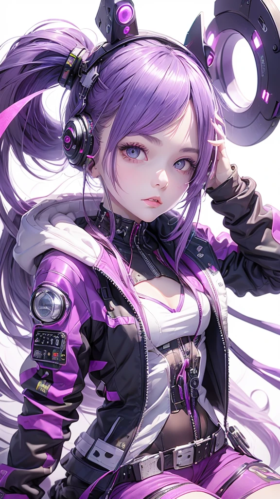 Girl, long soft purple hair, gray eyes, sharp features, headphone, white skin, smooth and delicate, cherry lips, jacket cyberpunk, upper body, sitting, white background. 