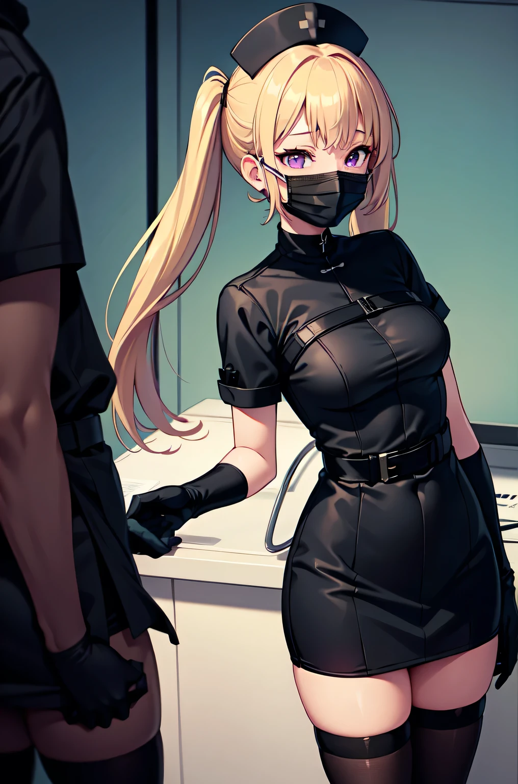 infirmière noire, 1fille, seulement, infirmière noire cap, infirmière noire uniform, ((collants noirs, zettaï ryôiki)), gants de coude noirs, Twintails, Cheveux blonds, yeux violets, ((masque chirurgical noir, nez couvert)), debout, ((salle d&#39;opération)), contour net, manches courtes, Meilleure qualité, chef-d&#39;œuvre