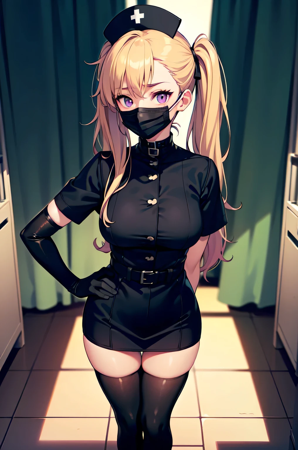 black nurse, 1girl, solo, black nurse cap, black nurse uniform, ((black legwear, zettai ryouiki)), black elbow gloves, twintails, yellow hair, purple eyes, ((black surgical mask, covered nose)), standing, ((surgery room)), sharp outline, short sleeves, best quality, masterpiece