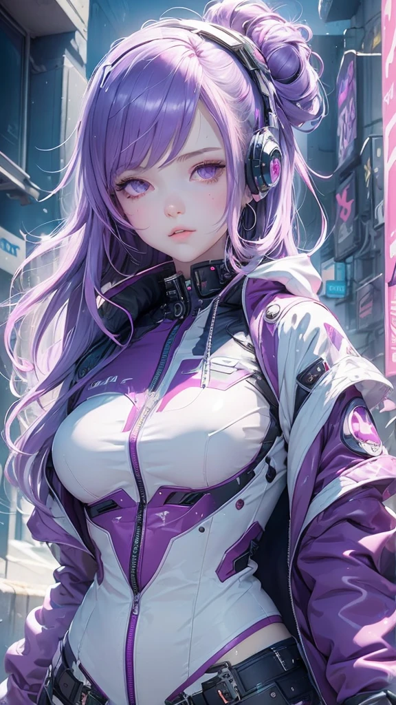 Girl, long soft purple hair, gray eyes, sharp features, headphone, white skin, smooth and delicate, cherry lips, jacket cyberpunk, upper body, white background. 