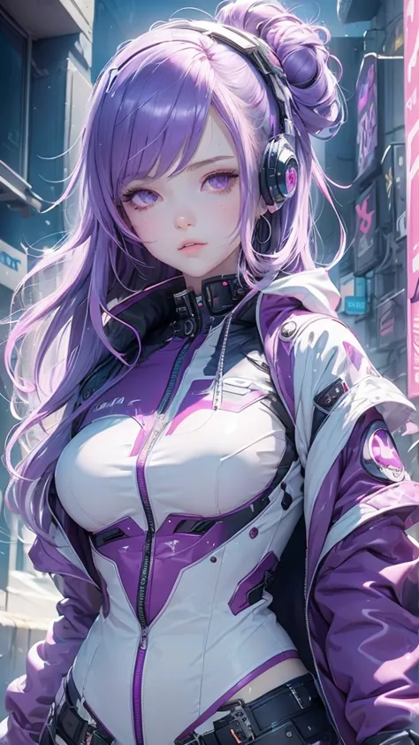 Girl, long soft purple hair, gray eyes, sharp features, headphone, white skin, smooth and delicate, cherry lips, jacket cyberpun...