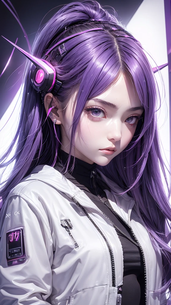 fille, cheveux longs et doux violets, yeux gris, Caractéristiques pointues, casque de musique, peau blanche, lisse et délicat, lèvres couleur cerise, veste cyberpunk, Haut du corps, fond blanc. 