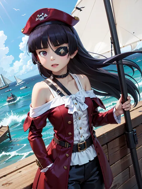 (Eye patch), One Girl, Hime cut, (ruri gokou), Against the backdrop of rough seas、Female pirate captain standing strong on the d...