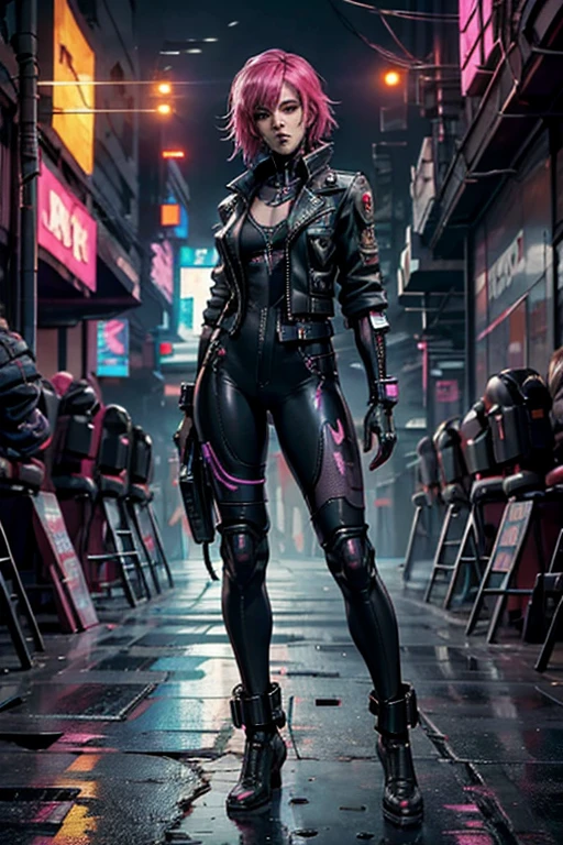 (full body:1.4),((ultra realistic illustration:1.2)),(cyberpunk:1.4),(dark sci-fi:1.3). Sexy mech pilot, with short pink hair, wearing leather bodysuit, jacket, thigh high boots. Rebellious. Dystopic megacity, gritty, neon, hell, Armored Core, Battletech. Front Mission. Masterpiece, (highly detailed:1.2),(detailed face and eyes:1.2), 8k wallpaper, natural lighting. core shadows, high contrast, bokeh.