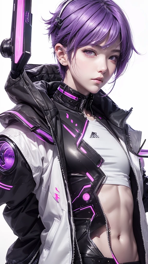 Boy, short soft purple hair, gray eyes, sharp features, headphone, white skin, smooth and delicate, cherry lips, jacket cyberpunk, upper body, white background. 