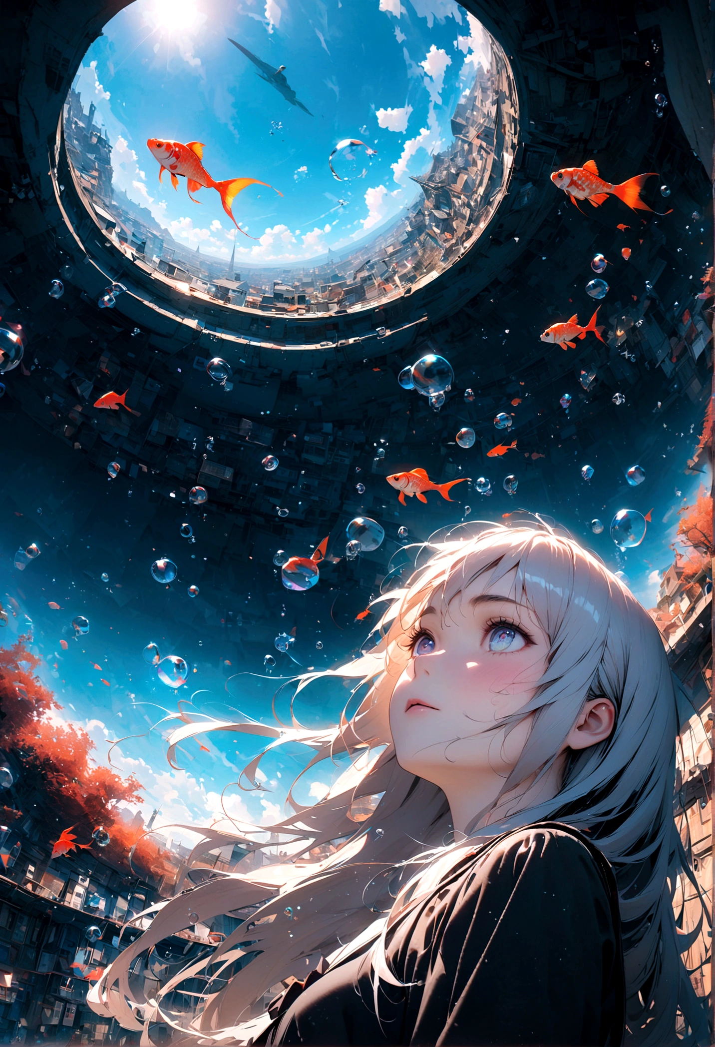 woman\(student, 15 years old, ＪＫ, Short silver hair floating, Space-colored eyes, school black uniform, Pale skin, Tired face、lack of shine in the eyes\) Looking up at the sky, Many cute little goldfish with shining red scales are swimming in the air, Transparent bubbles, like those in water, sparkle here and there in the sky., Beautiful sky, Beautiful Clouds, there are puddles at ground and the landscape is reflecting beautifully, Looking up at the wide sky from the cramped back alleys of the slums, Summer flowers are blooming everywhere, I see the wind blowing and shining, There is a noon moon and a noon star in the sky,From below, break ,quality\(8k,非常に精細なCGユニットのwallpaper, masterpiece,High resolution,top-quality,top-quality real texture skin,Surreal,Increase the resolution,RAW Photos,最高quality,Very detailed,wallpaper,Cinema Lighting,Ray-tracing,Golden Ratio\),(Long Shot),landscape,