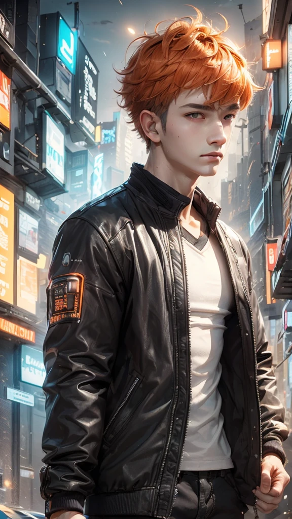 Boy, short soft orange hair, gray eyes, sharp features, headphone, white skin, smooth and delicate, cherry lips, jacket cyberpunk, upper body. 