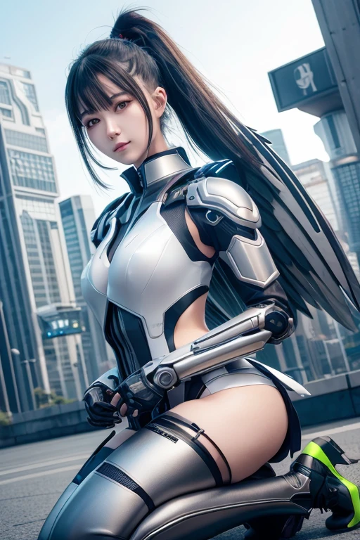 Woman in a futuristic suit standing in a futuristic city, Girl wearing mecha cyber armor, (Mechanized Valkyrie Girl), (Beautiful cyborg angel girl), Cyberpunk Girl Mecha, Unreal Engine Rendering + goddess, Cyberpunk Girl, Beautiful Caucasian girl cyborg、Medium chest、smile、(kneeling)