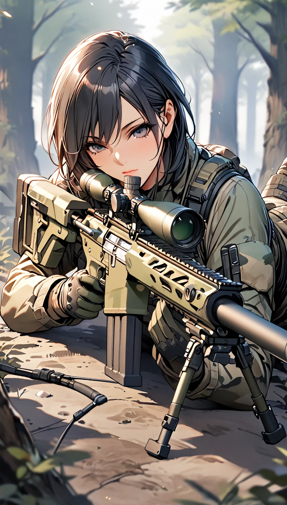(masterpiece),(Highest quality),(High resolution),(Very detailed),One Woman,48 years old,Mature Woman,Japanese,Black Hair,Short Bob,Beautiful Eyes,Long eyelashes,Beautiful Hair,Beautiful Skin,strict,whole body,break(((aim at something with a sniper rifle))),((View the sights))(Lying down),((Sniper Rifle)),Army Camouflage Uniform,Bulletproof vest, Combat Boots, Tactical Forster,Tactical Headset,(The background is a dense forest),(((Background Blur)))
