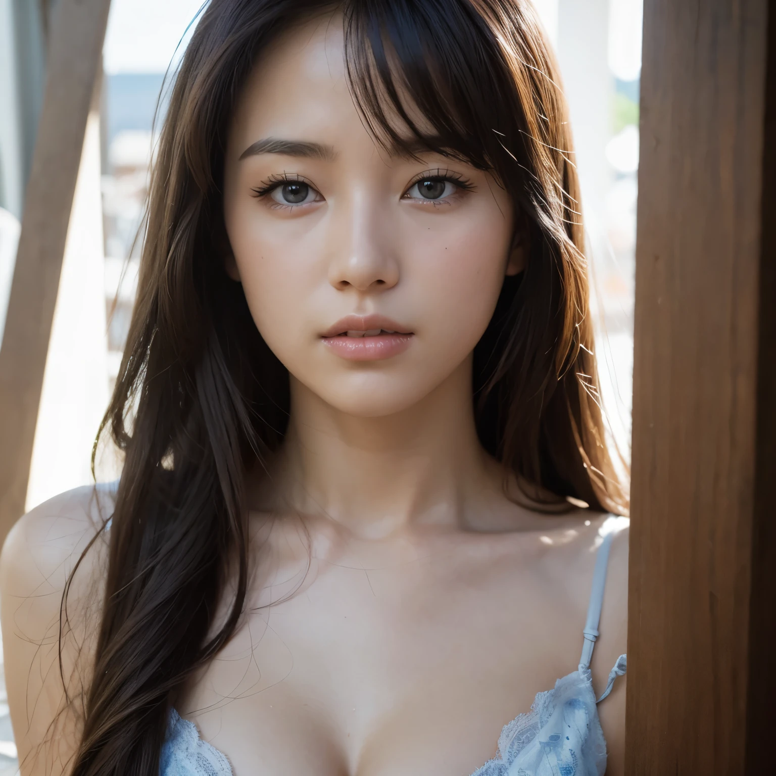 retrato fotorrealista de uma bela jovem adulta asiática, longos cabelos castanhos, olhos azuis