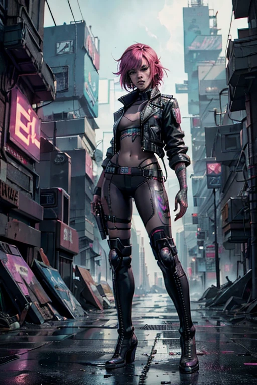 (full body:1.4),((ultra realistic illustration:1.2)),(cyberpunk:1.4),(dark sci-fi:1.3). Sexy mech pilot, with short pink hair, wearing leather lingersuit, fishnets, jacket, thigh high boots. Rebellious. Dystopic megacity, gritty, neon, hell, Armored Core, Battletech. Front Mission. Masterpiece, (highly detailed:1.2),(detailed face and eyes:1.2), 8k wallpaper, natural lighting. core shadows, high contrast, bokeh.