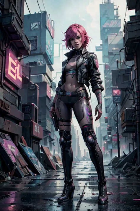 (full body:1.4),((ultra realistic illustration:1.2)),(cyberpunk:1.4),(dark sci-fi:1.3). Sexy mech pilot, with short pink hair, w...