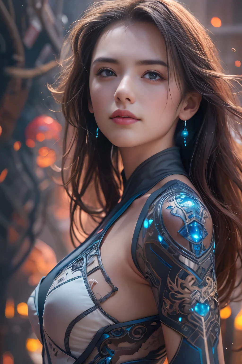 From Side, Photorealistic, Official art, Unity 8k wallpapr, 8K Portrait, Best Quality, Very high resolution, (Incredibly beautiful nature background:1.6), One girl, One beautiful teenage Italian girl, sixteen years old, Obscene, (Sexy and glamorous:1.1), (A coquettish expression:1.6), (small breasts with raised pink areolas:1.1), Vulgarity, (seductively smiling:1.2), (full body1.0), (erotic posing:1.5), (Magic Attack Pose:1.6),(magical effects like sparkles or energy:1.5), (Electric shock from hands:1.1), (Detailed blue bodysuit with beautiful fractal or marble design:1.5), (Beautiful and d delicate ruby, topaz, emerald and sapphire jewelry:1.45),  Beautiful seductive face, Portrait, (Thick eyebrows:1.2), (Big purple eyes:1.2), Beautiful eyes with fine symmetry, (ultra detailed eyes:1.1), (High resolution eyes:1.1), Intimate face, (ultra detailed skin texture:1.4), white skin, pale skin, Perfect Anatomy, Thin, (Beautiful toned body:1.1), Hair Bow, (Moist skin:1.1), full of sweat, No makeup, dark circles, Good anatomy, Focus Face, good looking, (Emilia Clark:0.6)  (Emma watson:0.3),(Jennifer Connelly:0.4), (sensual face:1.5), Elegant face, Nice, Dolce, Cyberpunk Sci-Fi, (Gauntlets with intricate and beautiful designs:1.2), Blurred background, Blurred foreground, depth of fields, (Motion Blur:1.1), Complex and colorful biomechanical bodysuit, Zentangle, mandalas, Entangled, (Small breasts:1.2), Sheer breast, large hips, drivel, grabbing on breasts