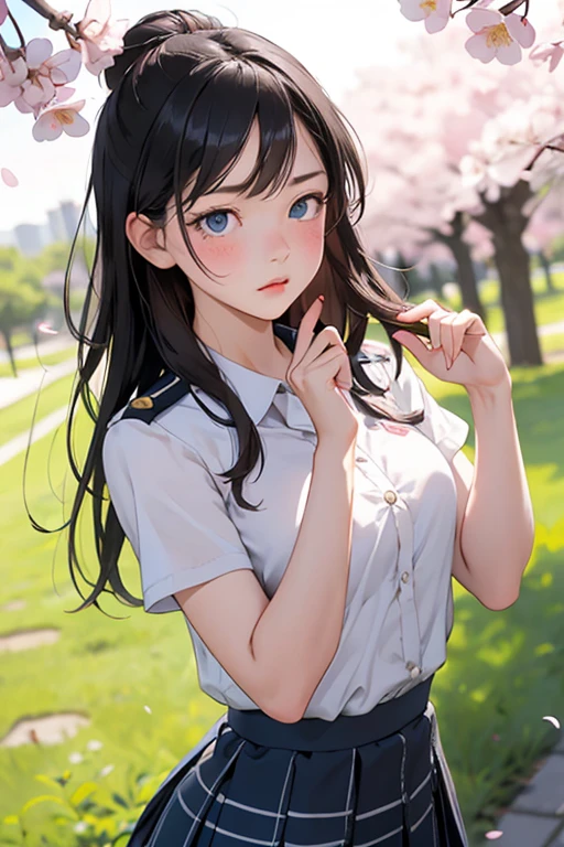 High school girl in uniform, skirt pulled up, cheering, blue eyes, blush: 1.1, sad face: 1.0, frilly underwear, cherry blossom trees, background blur,