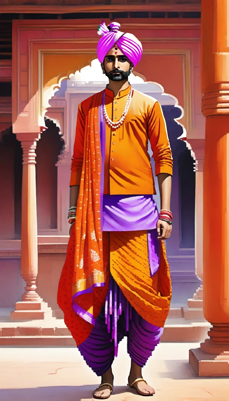 ufy: Vestido con un vibrante dhoti y kurta indios..

El dhoti debe ser de un color divertido que refleje su personalidad., como naranja o rojo.
La kurta puede ser blanca o de un color claro que contraste., con bordados o patrones simples.
Añade un detalle divertido como una faja colorida atada a su cintura o un pañuelo tradicional indio para la cabeza..